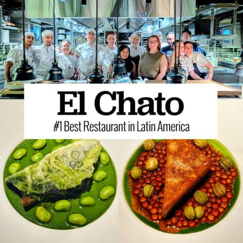 Marlynn and chefs in El Chato kitchen, cabbage and beans dish, terrine dish, with text overlay.