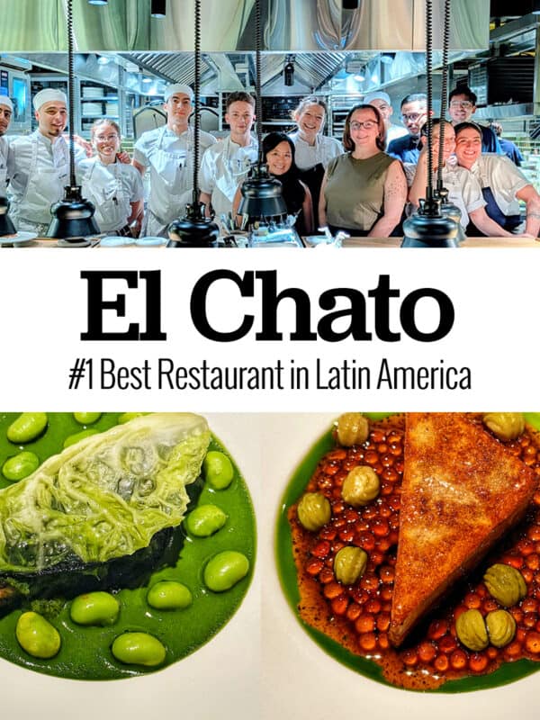 Marlynn and chefs in El Chato kitchen, cabbage and beans dish, terrine dish, with text overlay.