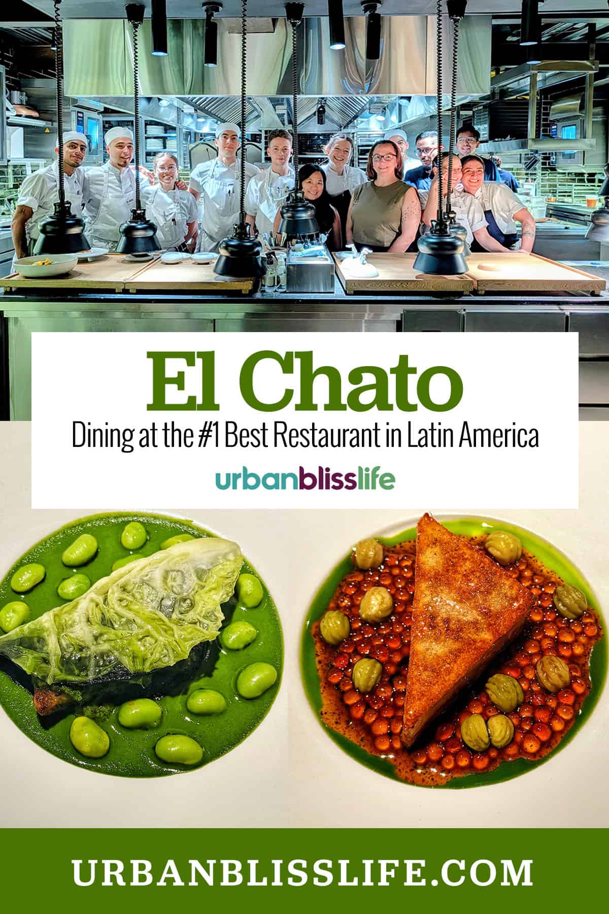 Marlynn and chefs in El Chato kitchen, cabbage and beans dish, terrine dish, with text overlay.