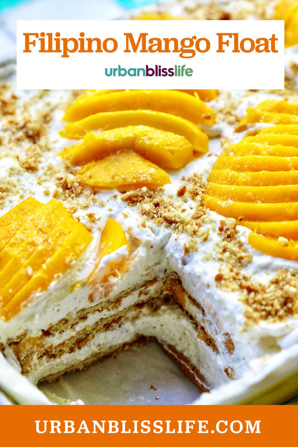 mango float dessert with a slice taken out so you can see the layers inside.