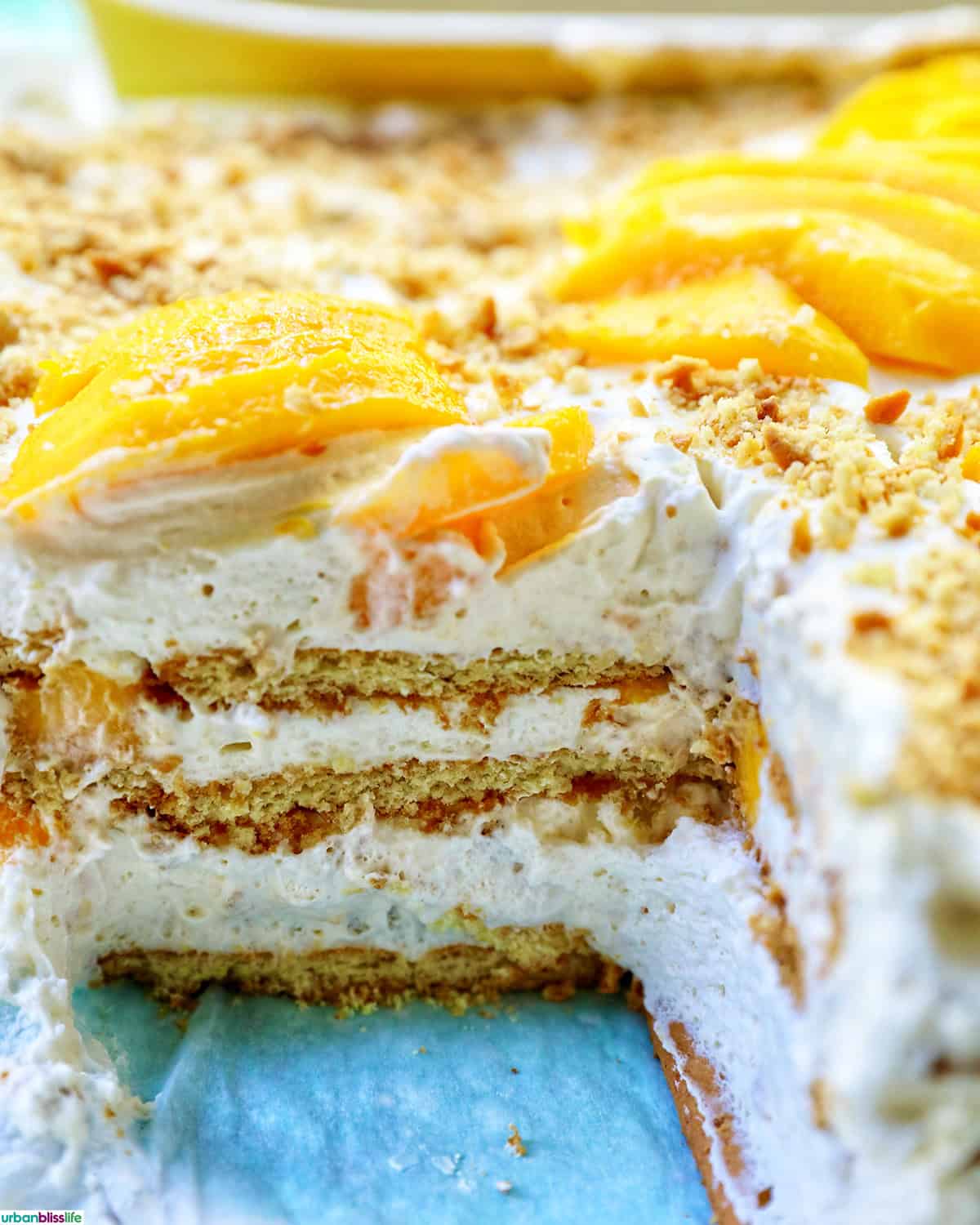 mango float dessert with a slice taken out so you can see the layers inside.