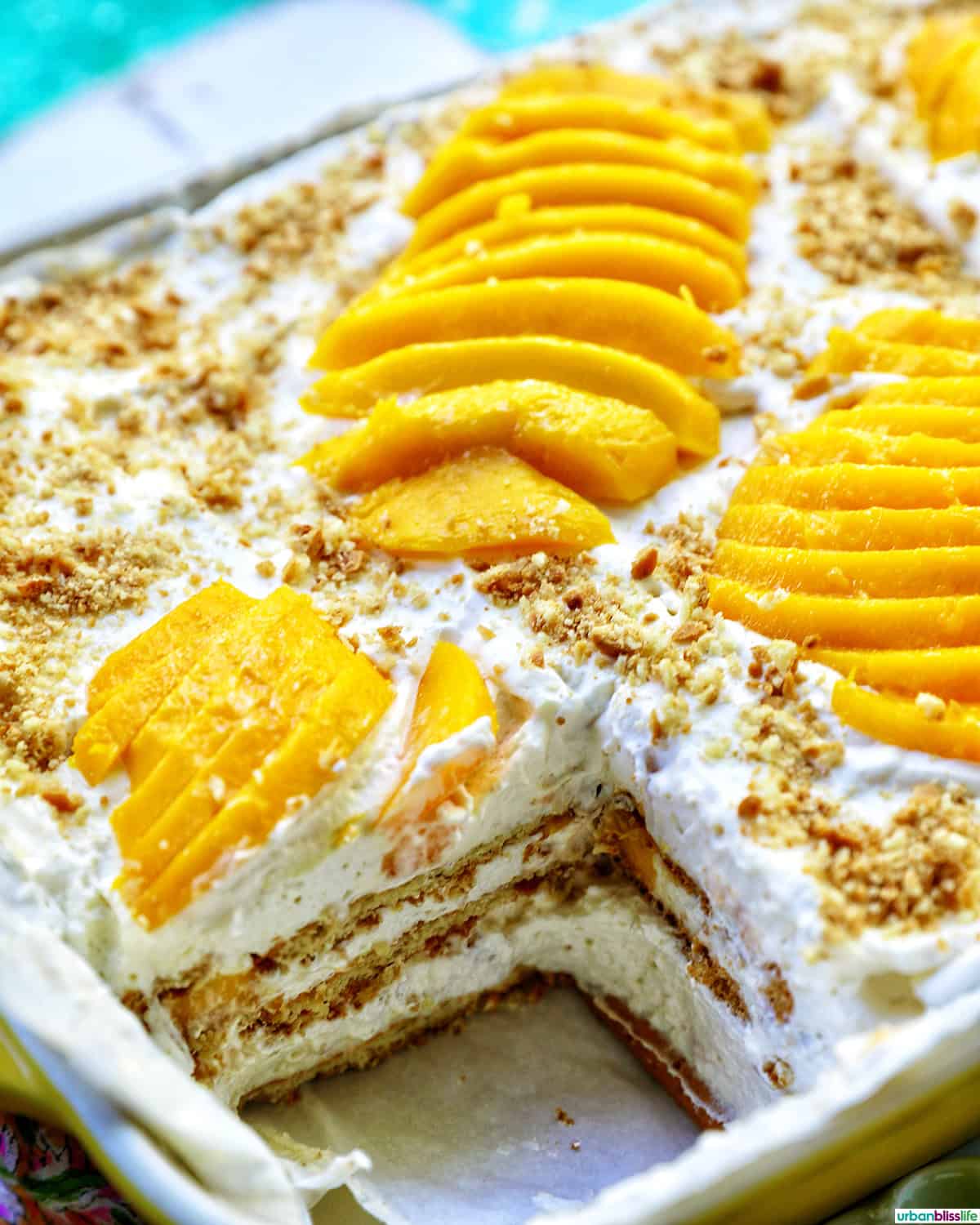 mango float dessert with a slice taken out so you can see the layers inside.