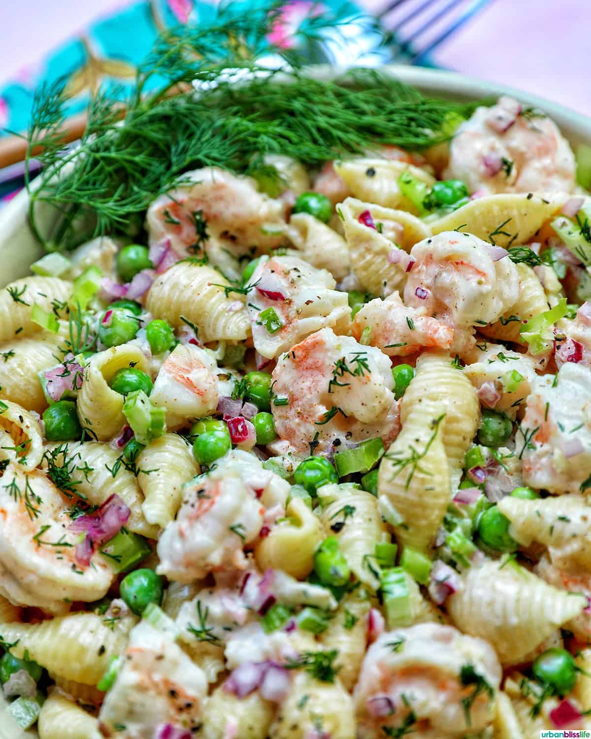 bowl of shrimp pasta salad.