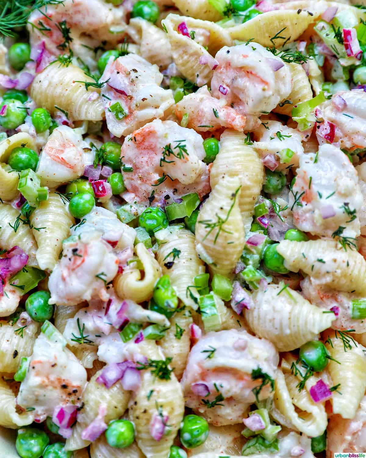 bowl of shrimp pasta salad.