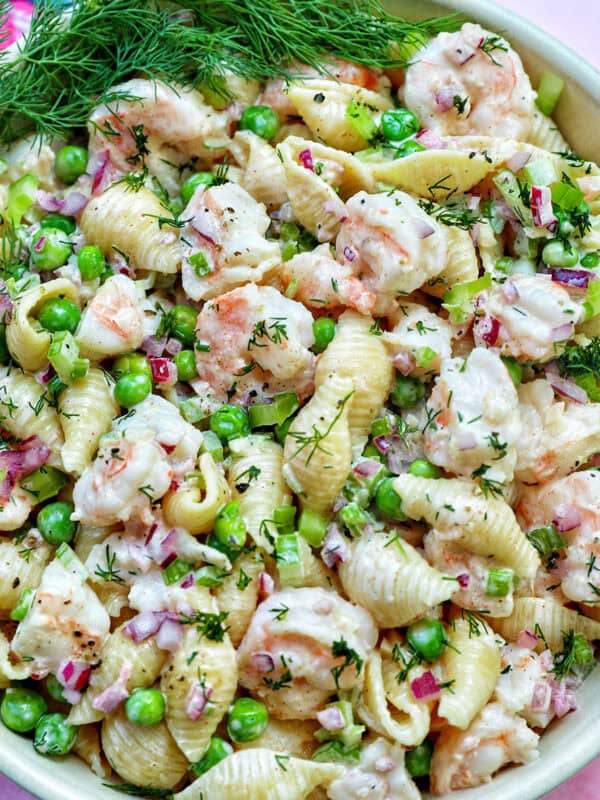 bowl of shrimp pasta salad.