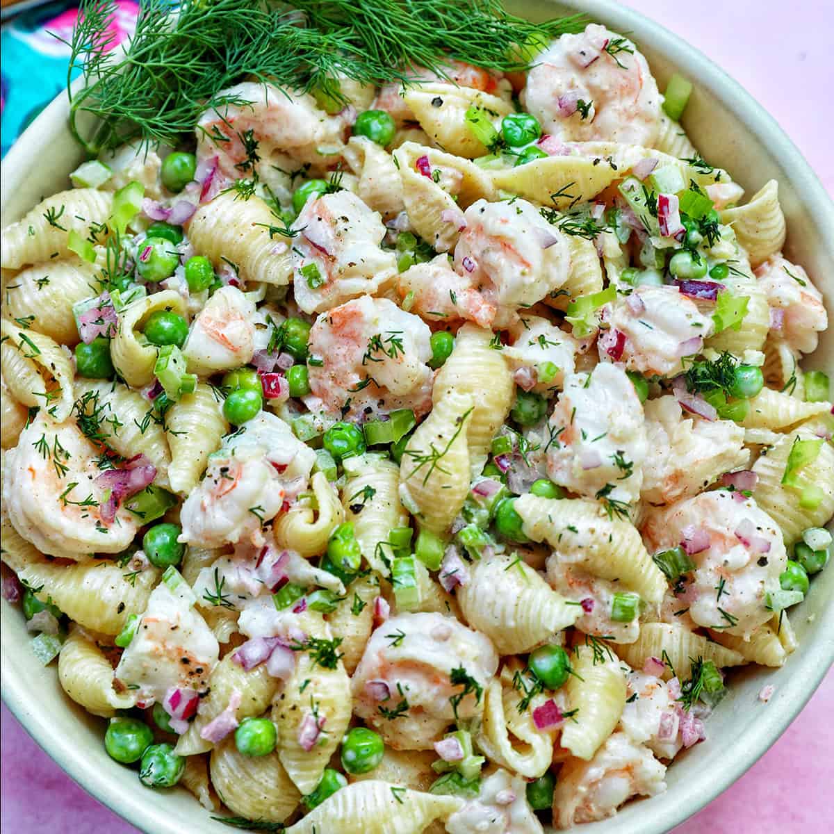 bowl of shrimp pasta salad.