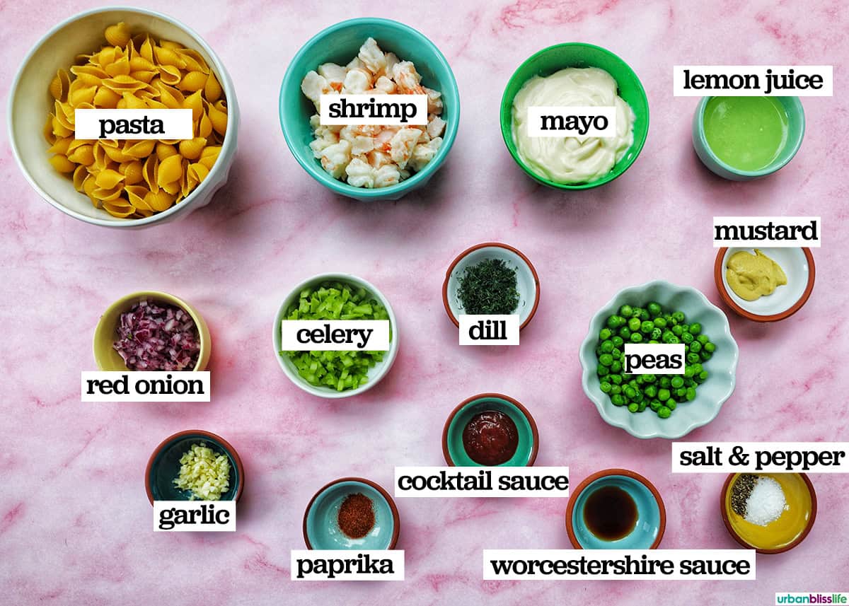 bowls of ingredients to make shrimp pasta salad.