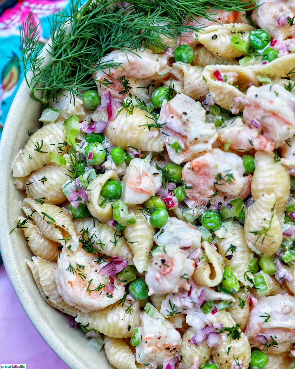 bowl of shrimp pasta salad.