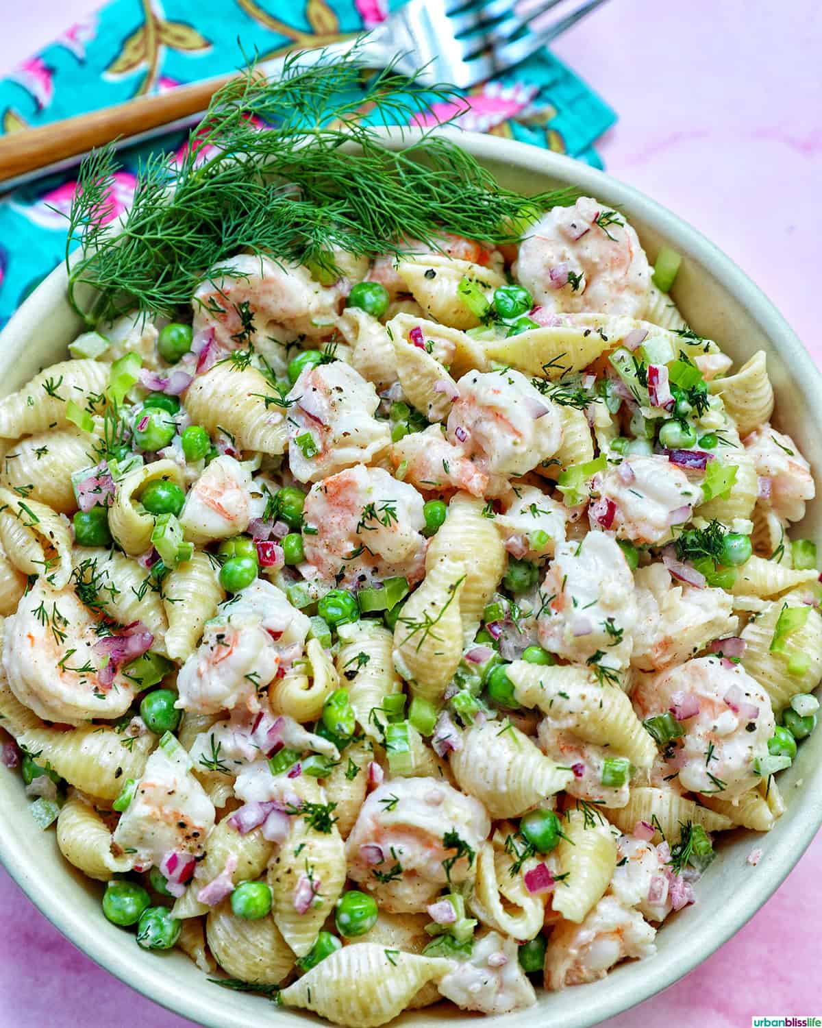 bowl of shrimp pasta salad.