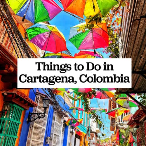 colorful umbrella street in Cartagena, Colombia with title text overlay.
