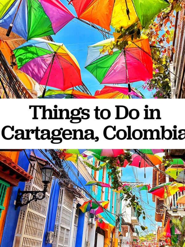 colorful umbrella street in Cartagena, Colombia with title text overlay.