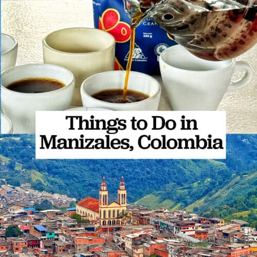 coffee being poured into mugs and a view looking down at Manizales and surrounding mountains, with title text overlay.