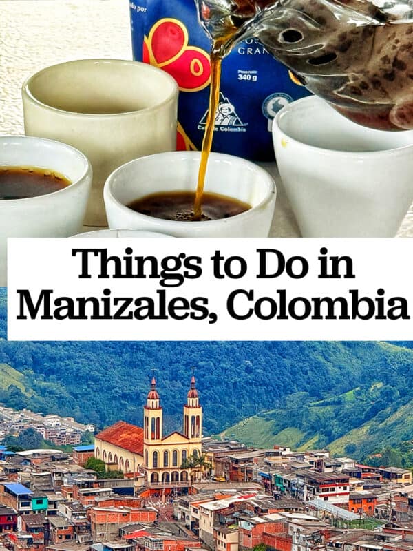 coffee being poured into mugs and a view looking down at Manizales and surrounding mountains, with title text overlay.