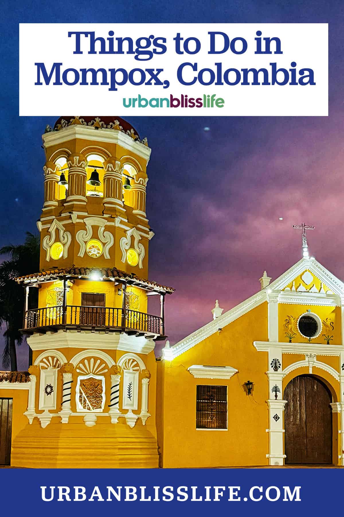 Santa Barbara cathedral in Santa Cruz de Mompox, Colombia with title text overlay.