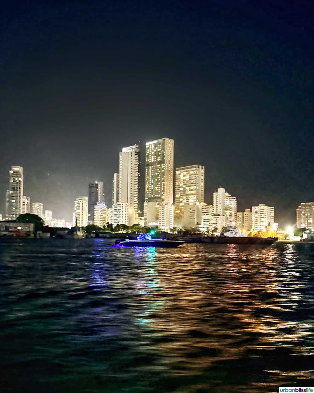 Cartagena skyline at night from the bay.