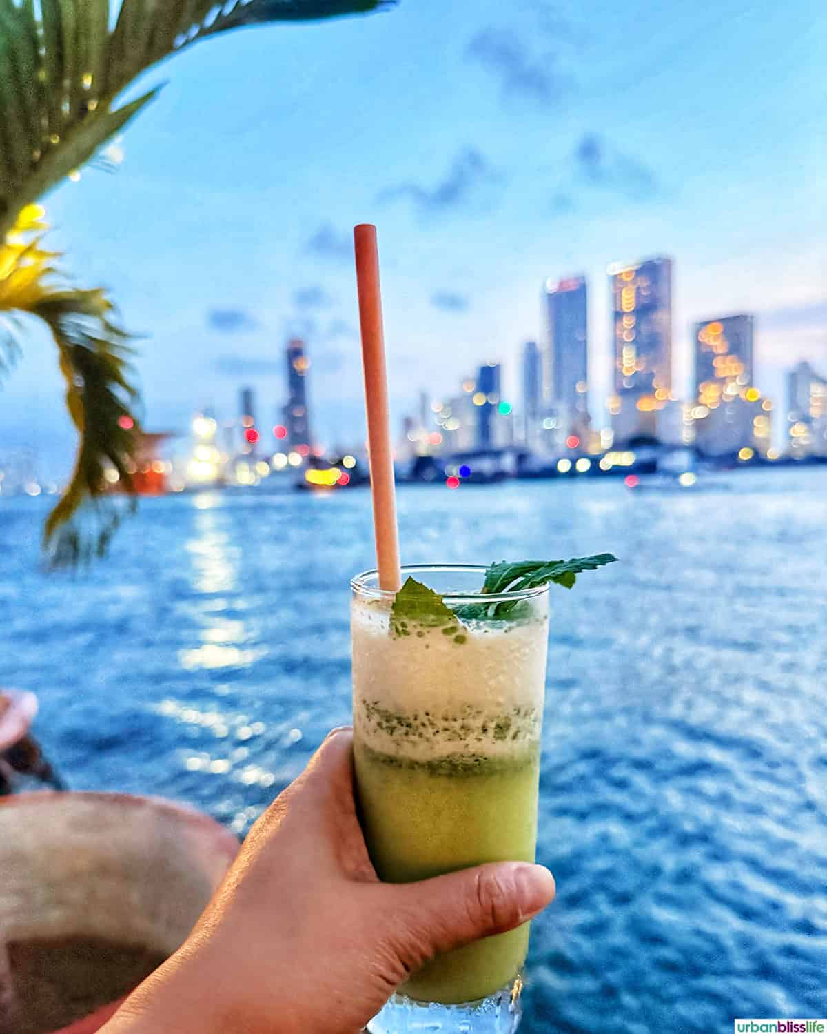 green smoothie in front of the Cartagena skyline.