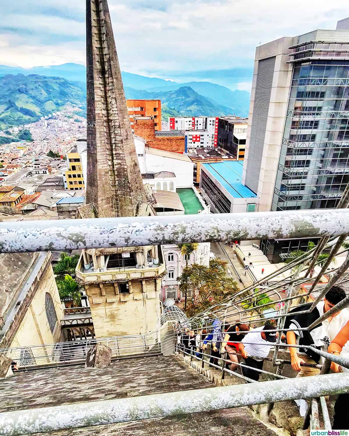 stairs climbing to the top of the Cathedral Basilica of Our Lady of the Rosary in Manizales, Colombia.