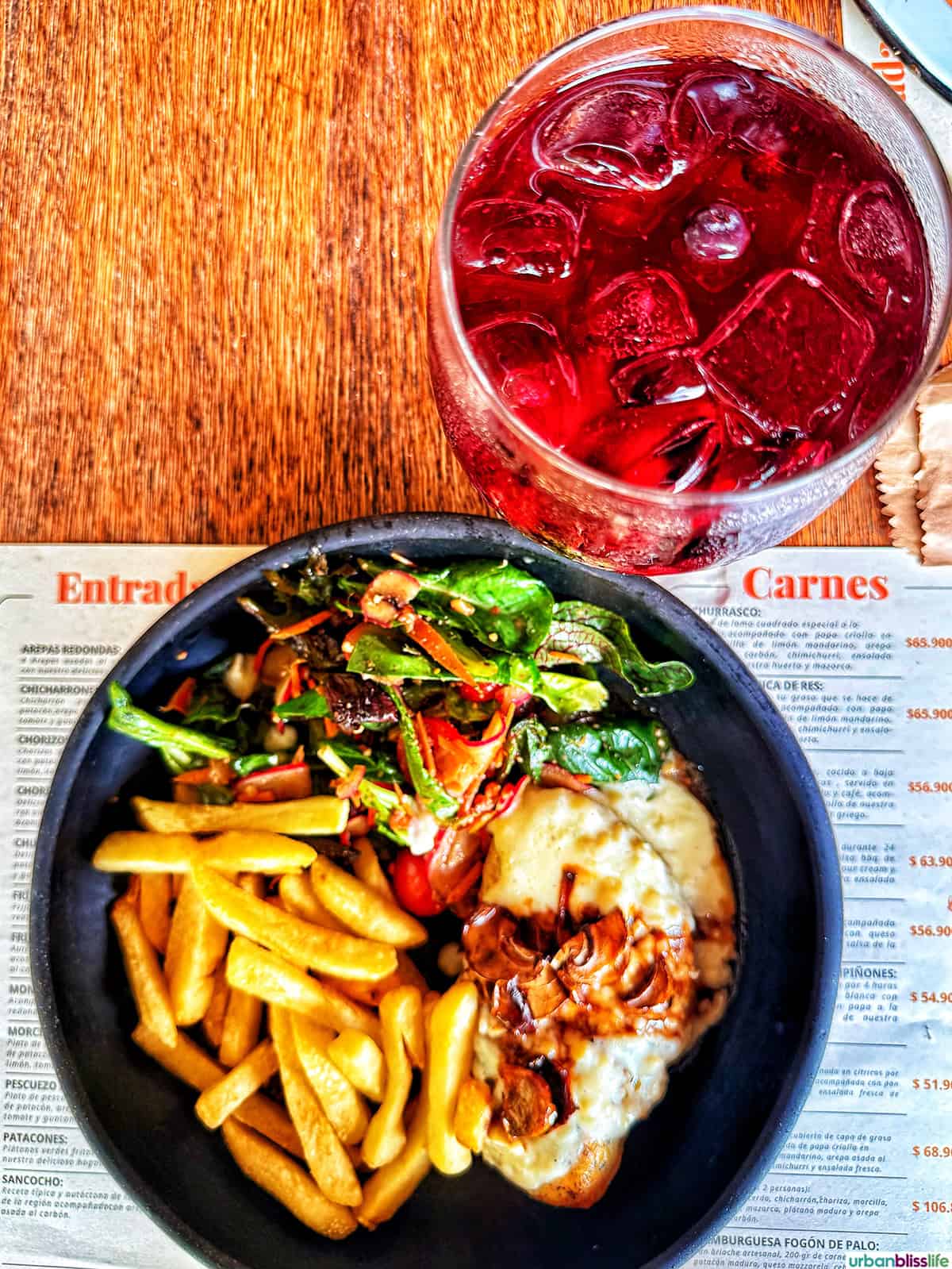 lunch plate with Corozo juice at Hacienda Charrascal in Manizales, Colombia.