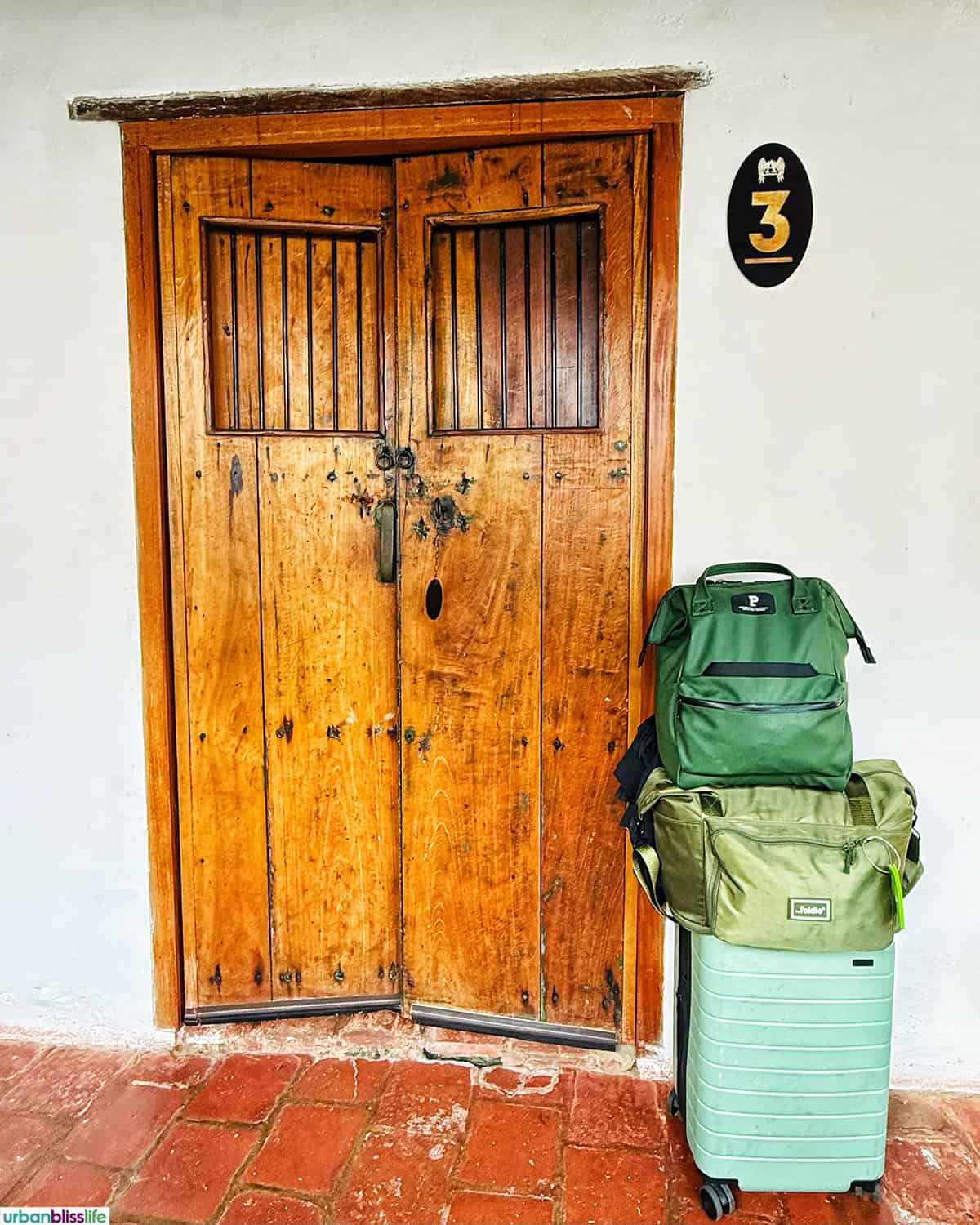 luggage outside of a room at Hotel Archangelus in Mompox, Colombia.