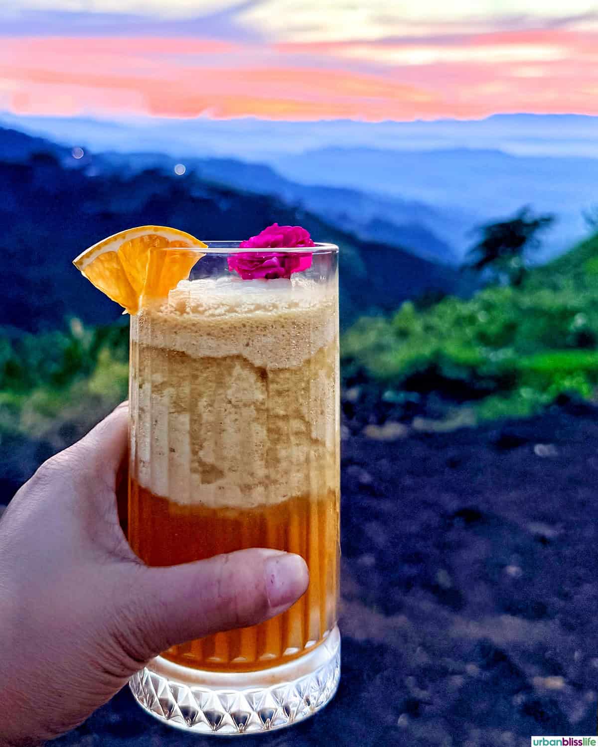 cocktail against the sunset at Hotel Atardeceres del Cafe in Manizales, Colombia.