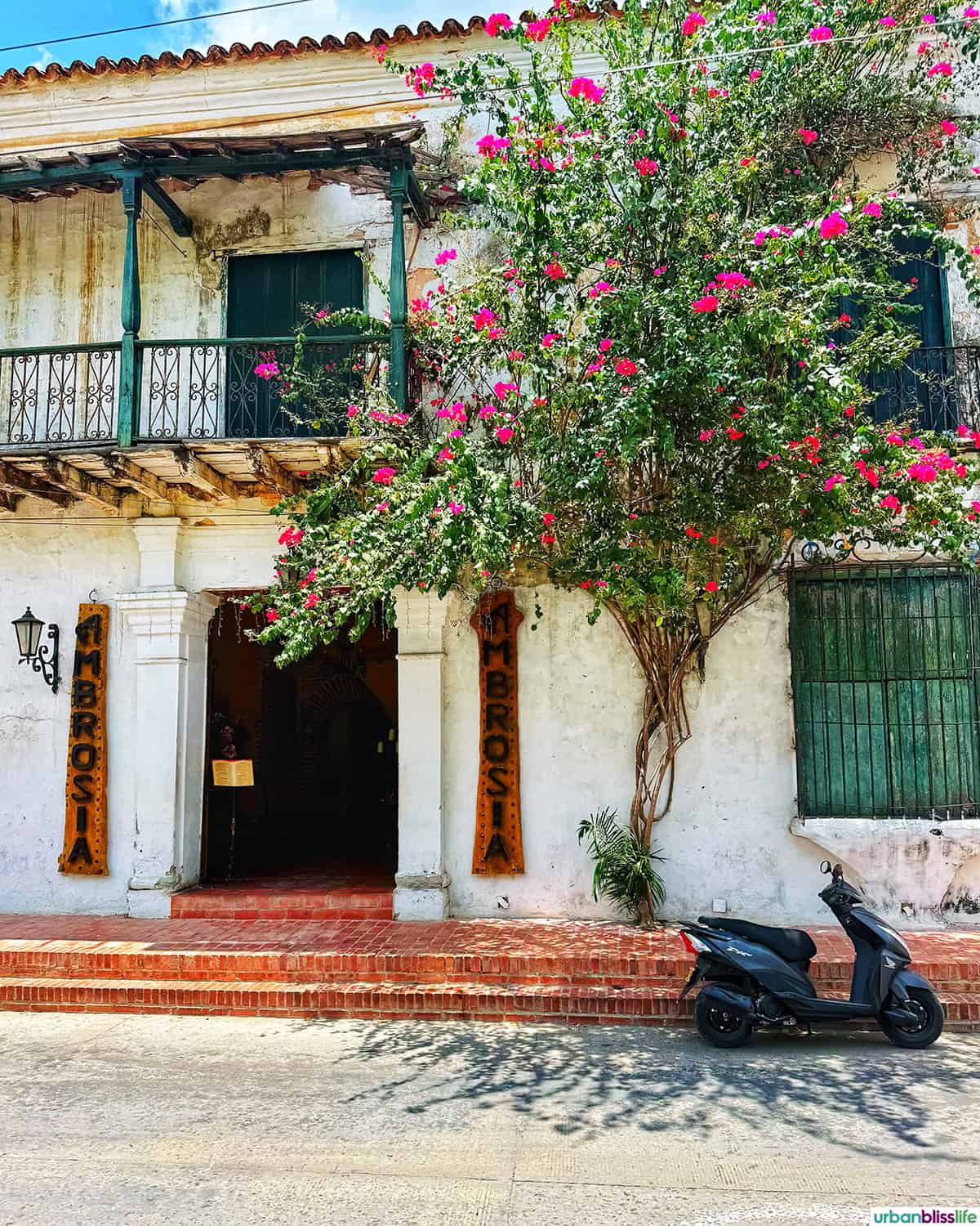 exterior of Ambrosia restaurant in Mompox. Colombia.