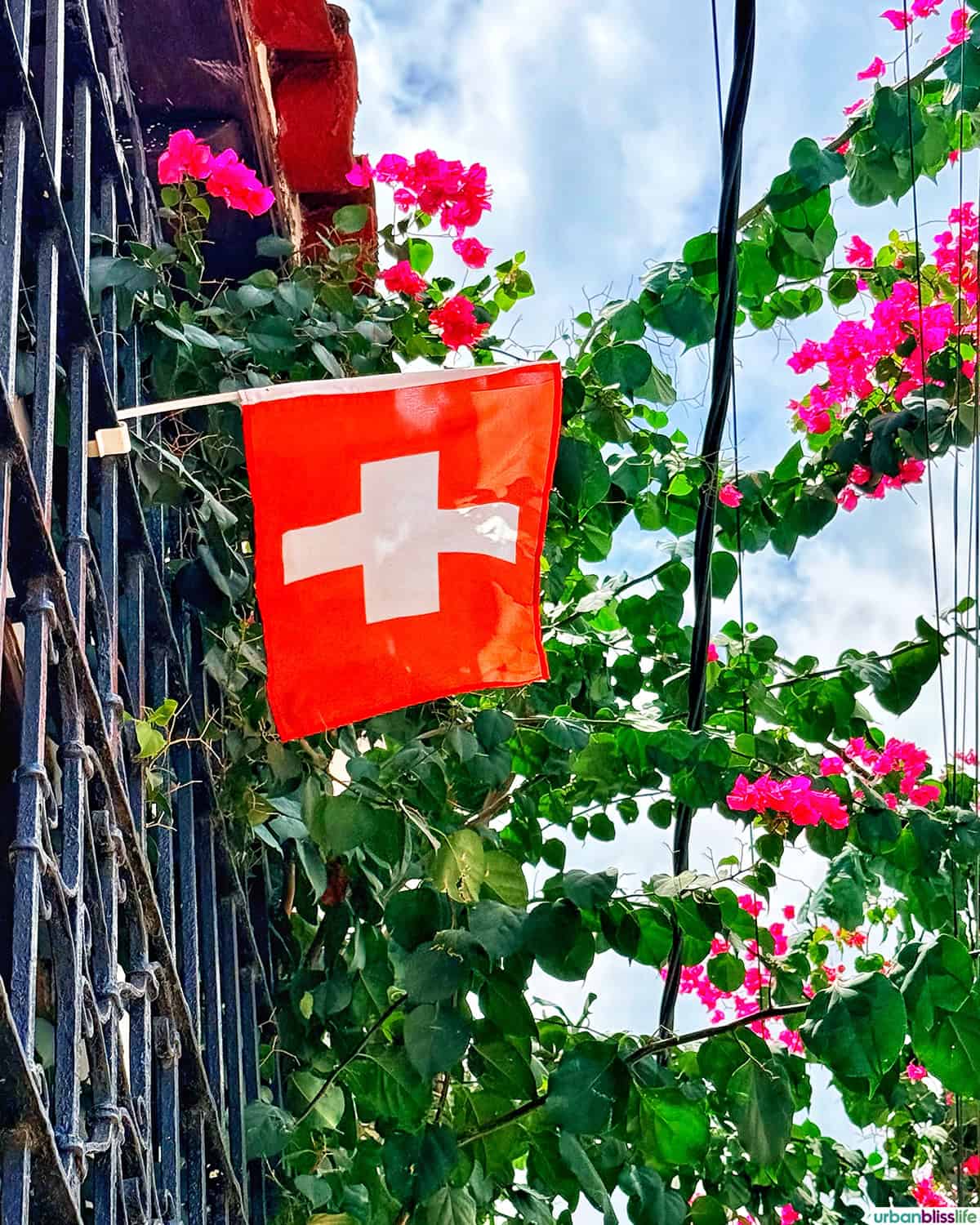 Mompox flag and flowers in Santa Cruz de Mompox, Colombia.