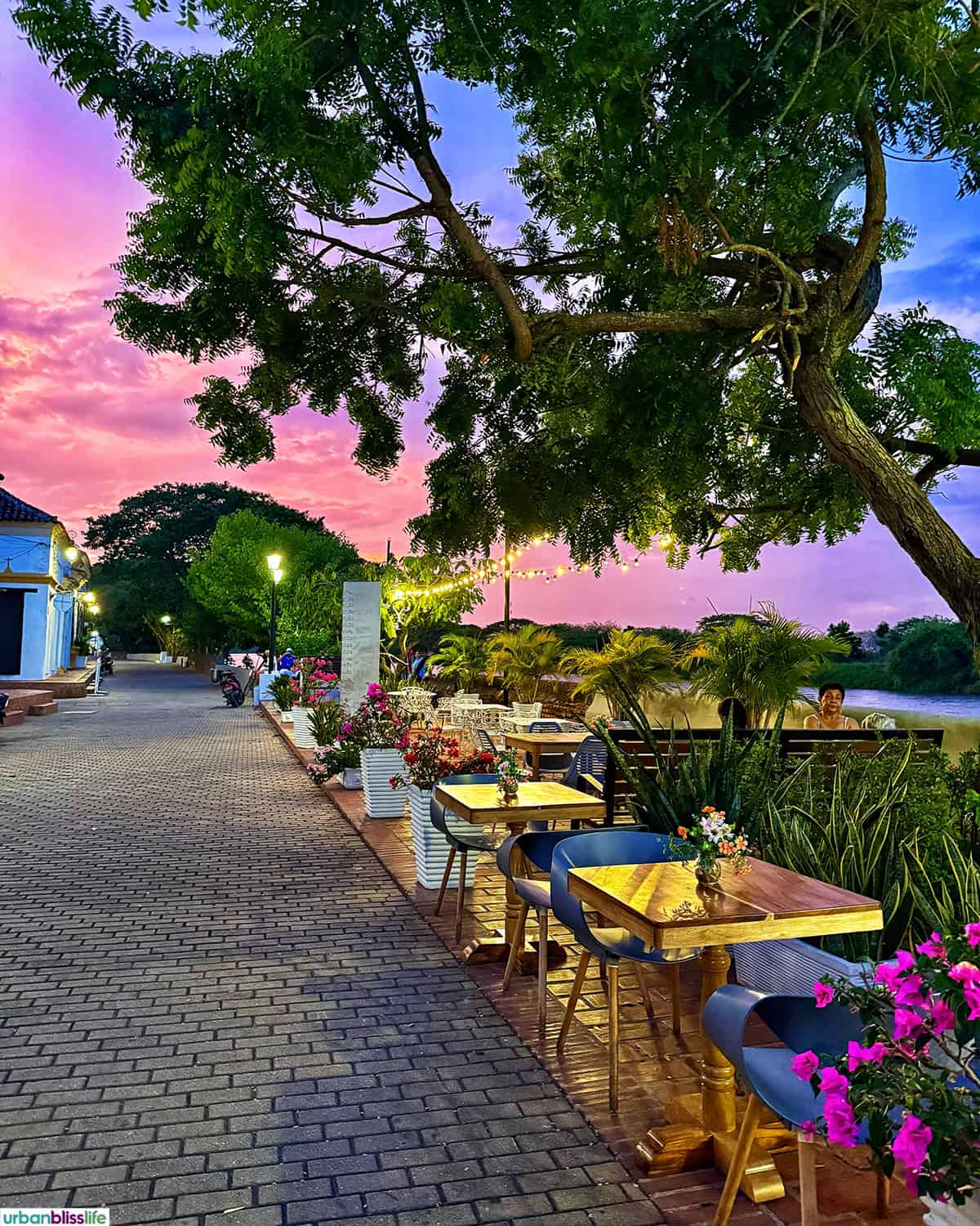 beautiful sunset along the river and riverfront of in Santa Cruz de Mompox, Colombia.