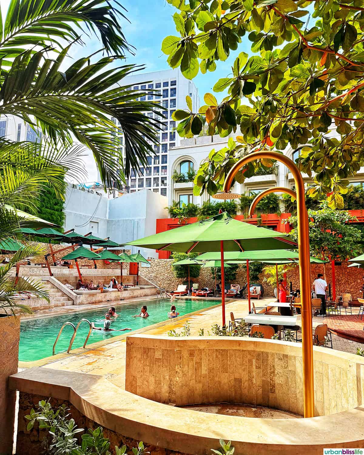 view of pool area of OSH hotel in Cartagena, Colombia.
