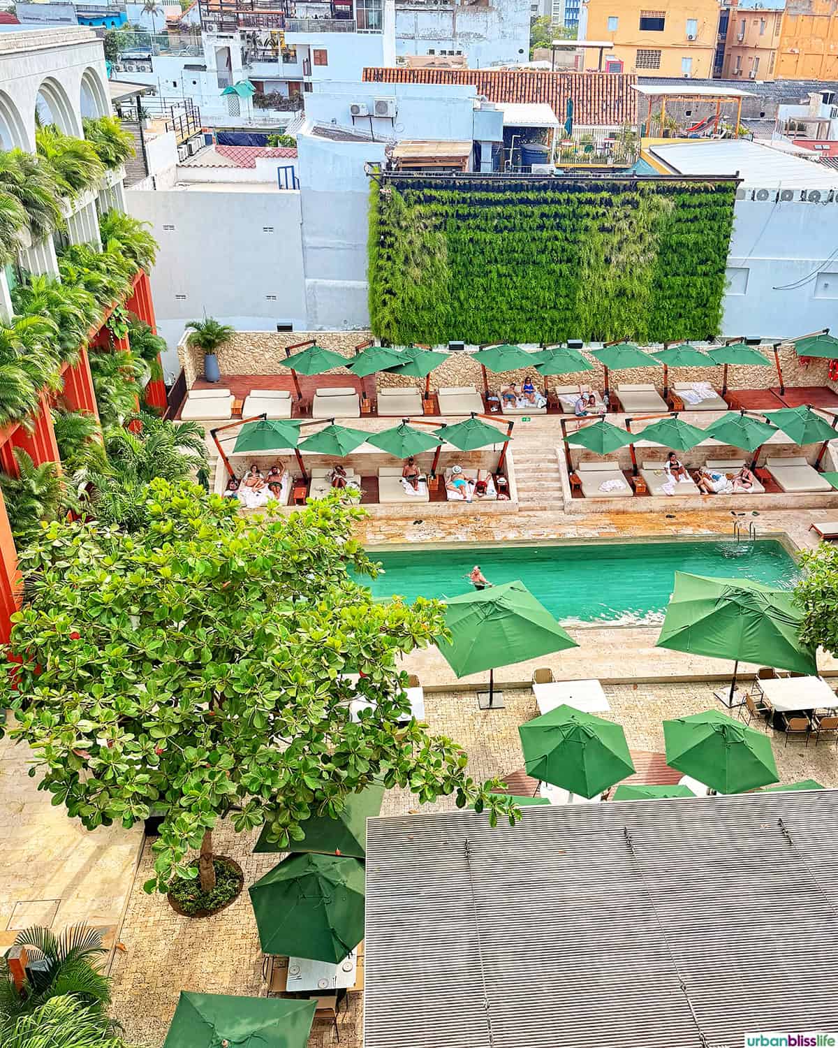 overview of pool area of OSH hotel in Cartagena, Colombia.