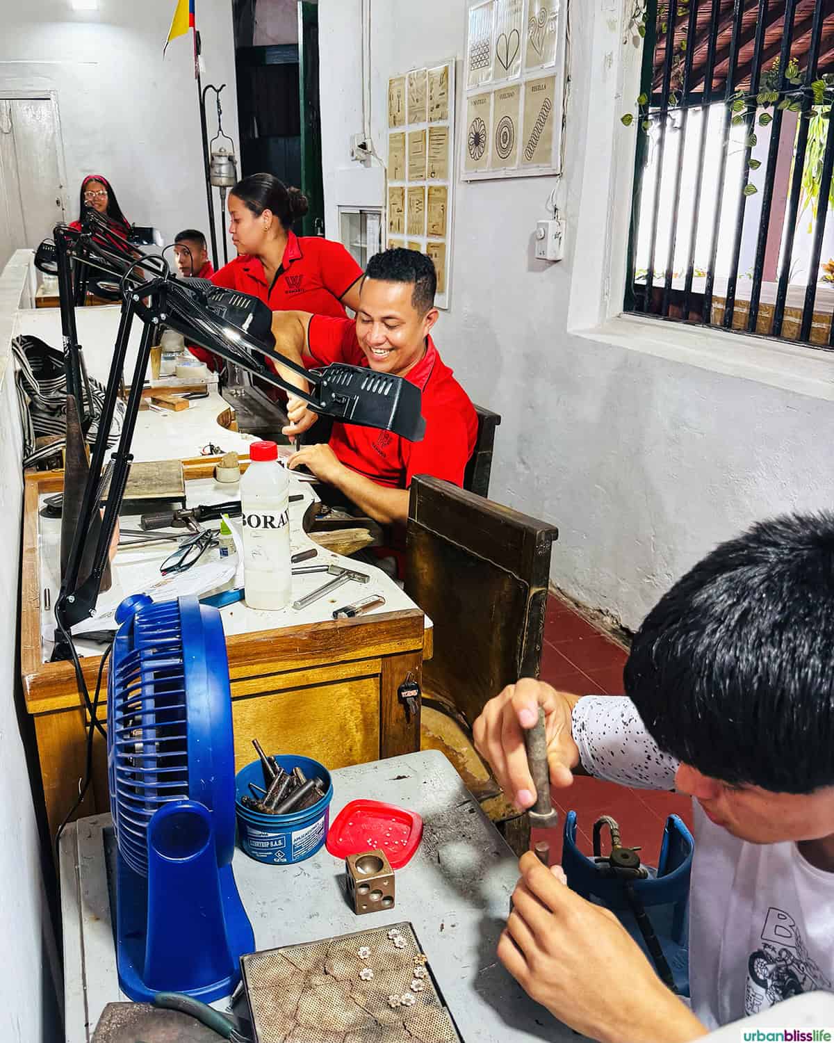 workers making filigree jewelry at Wamaris Jewelry in Mompox, Colombia.