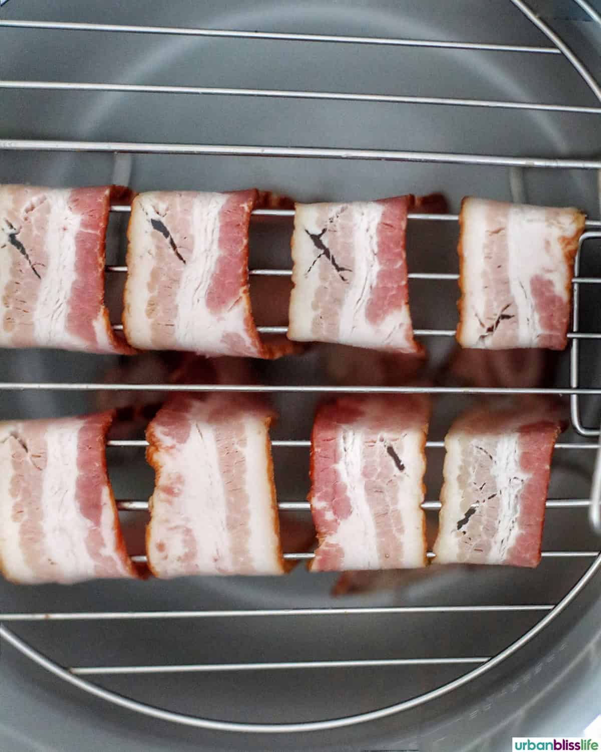 raw bacon on racks in a Ninja Instant Pot air fryer.