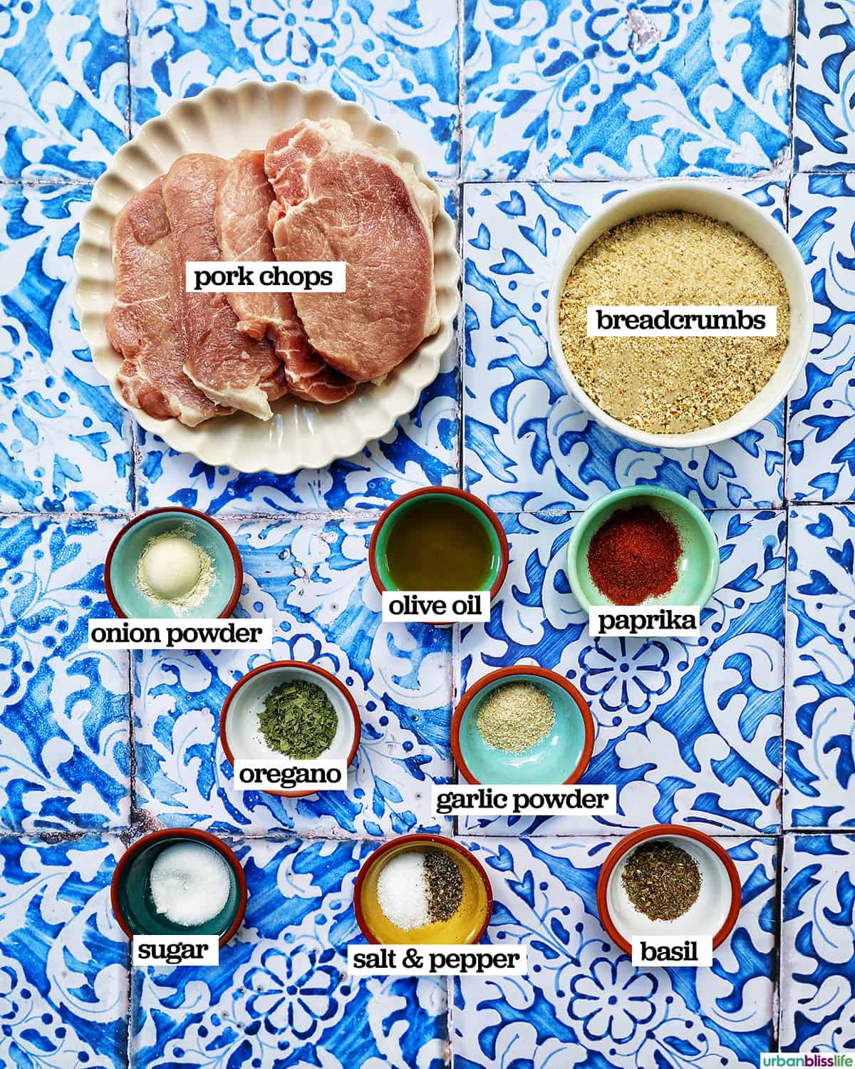 bowls of ingredients to make air fryer shake and bake pork chops.