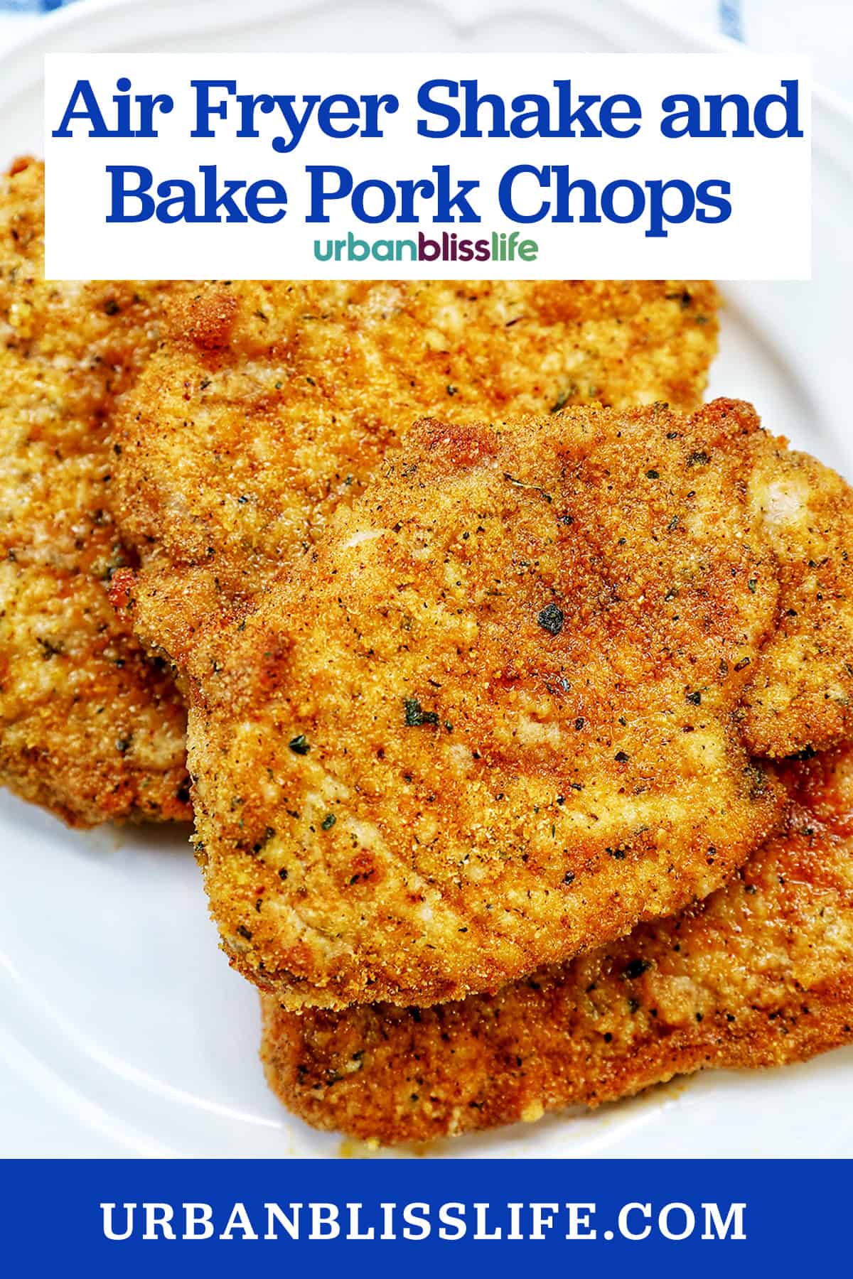 air fryer shake and bake pork chops with title text overlay.