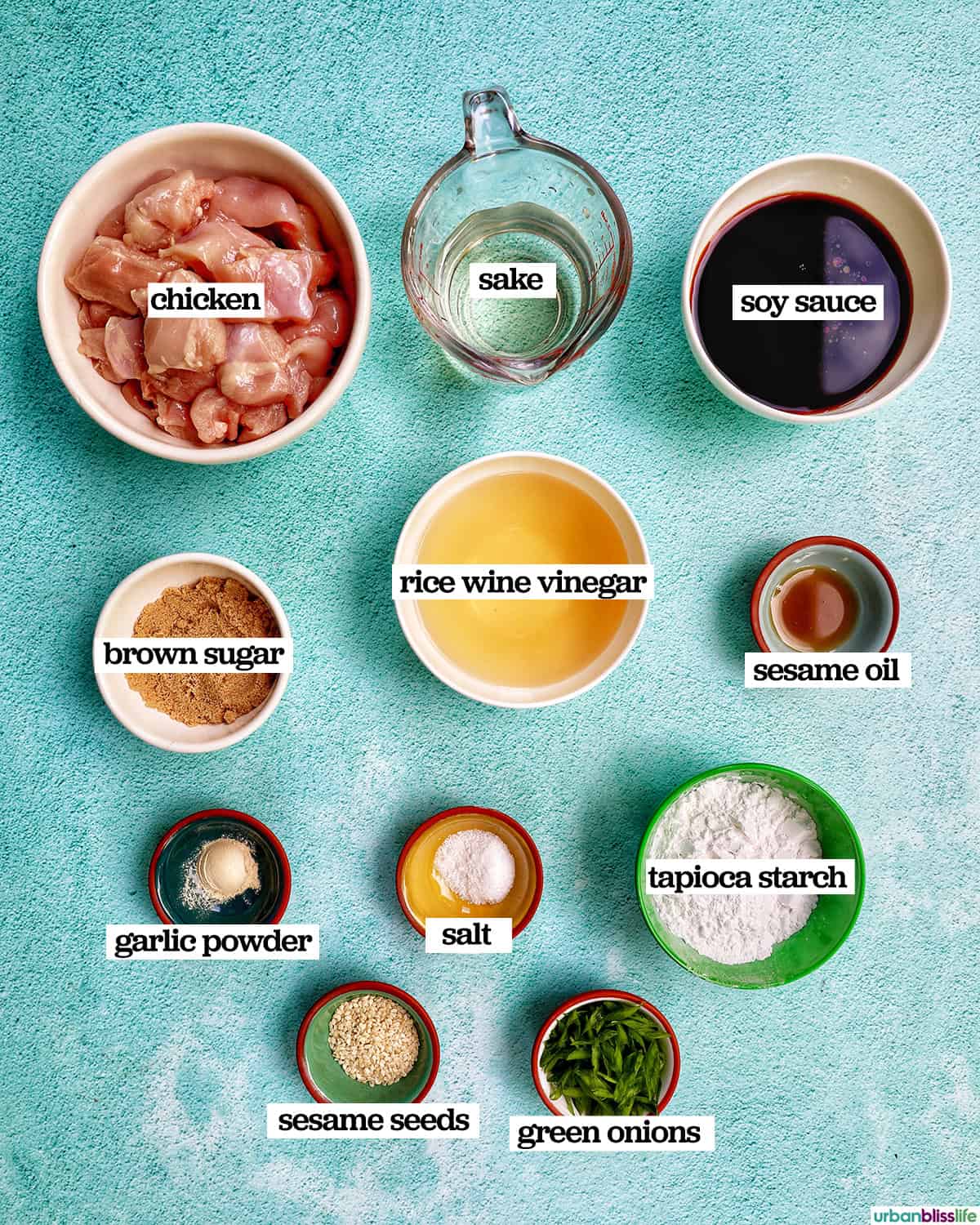 bowls of ingredients to make air fryer teriyaki chicken.