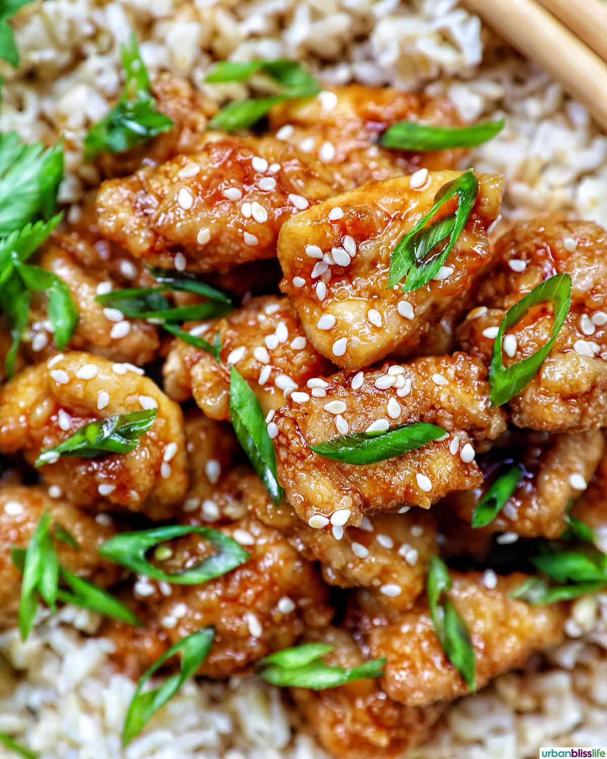 Air fryer teriyaki chicken over brown rice with herbs and chopsticks.