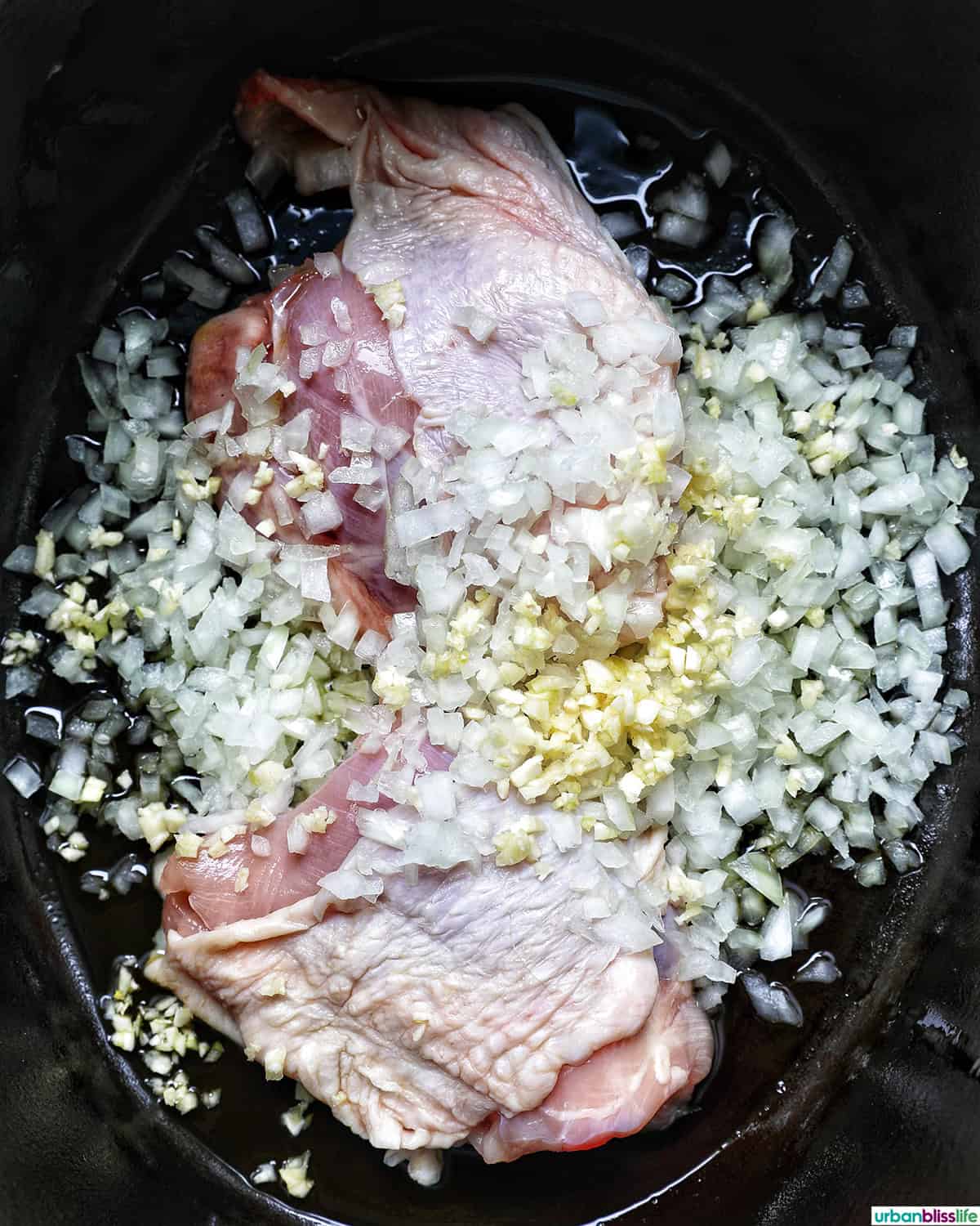 chicken with onions and garlic in a Dutch oven.