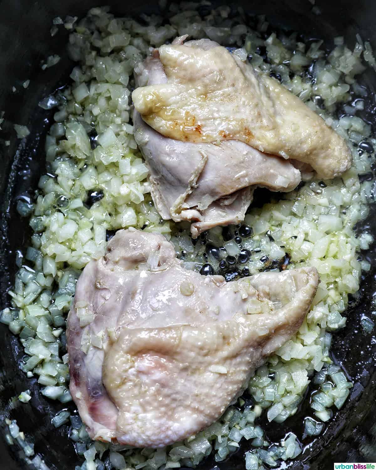 chicken with onions and garlic in a Dutch oven.