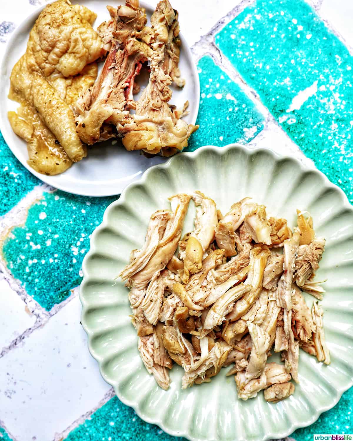 chicken thigh meat and bones separated on two different plats.