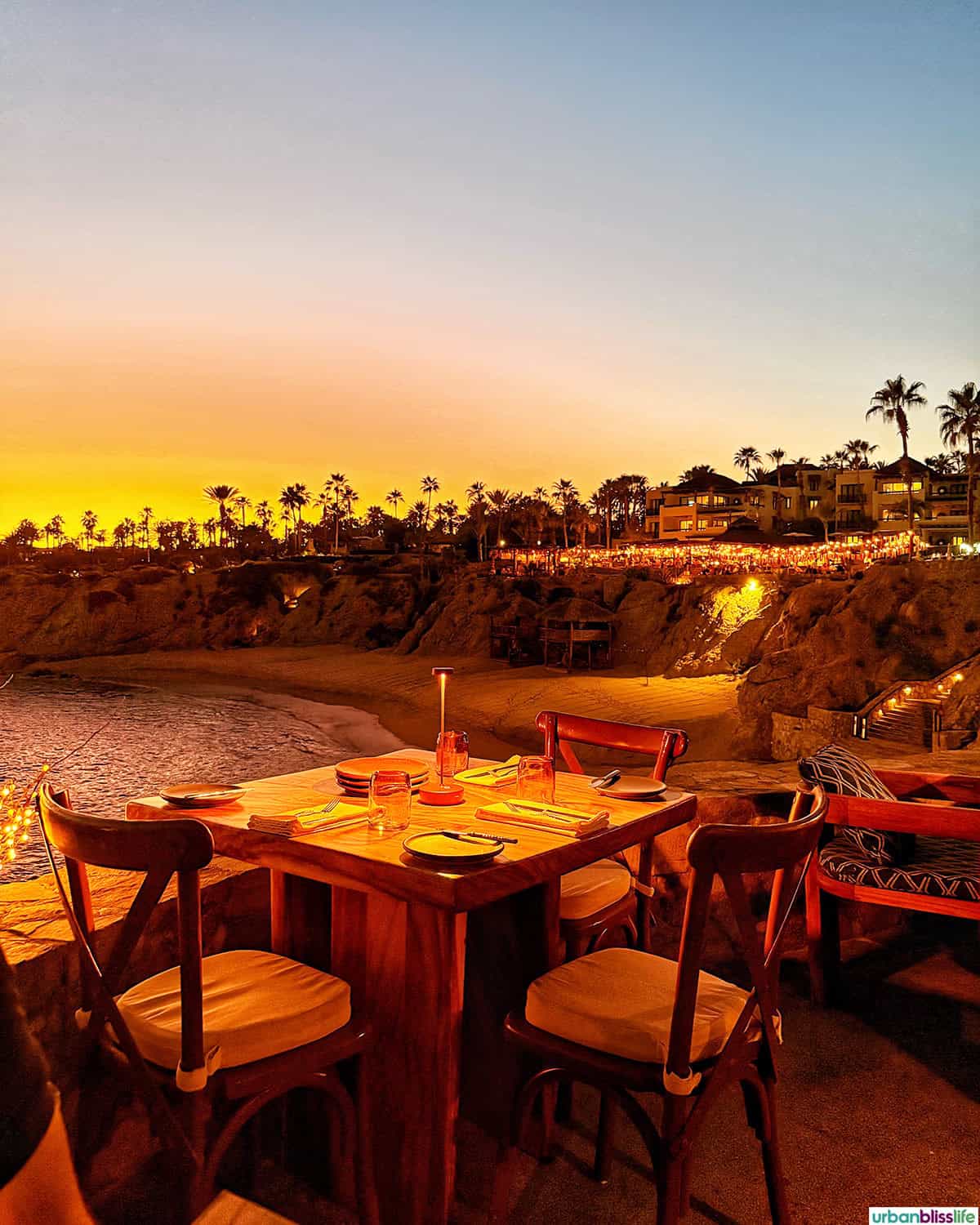 Cocina del Mar restaurant table by the beach.