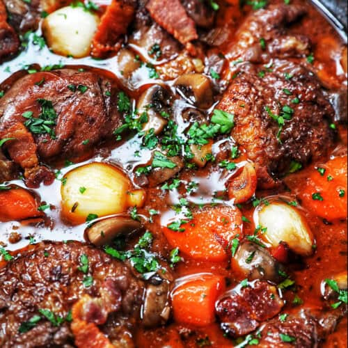 Coq au Vin in a Dutch oven.