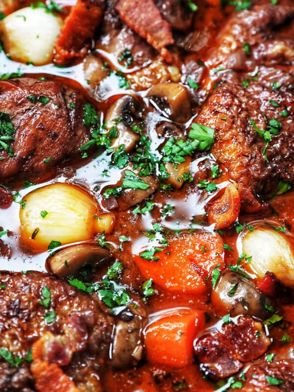 Coq au Vin in a Dutch oven.