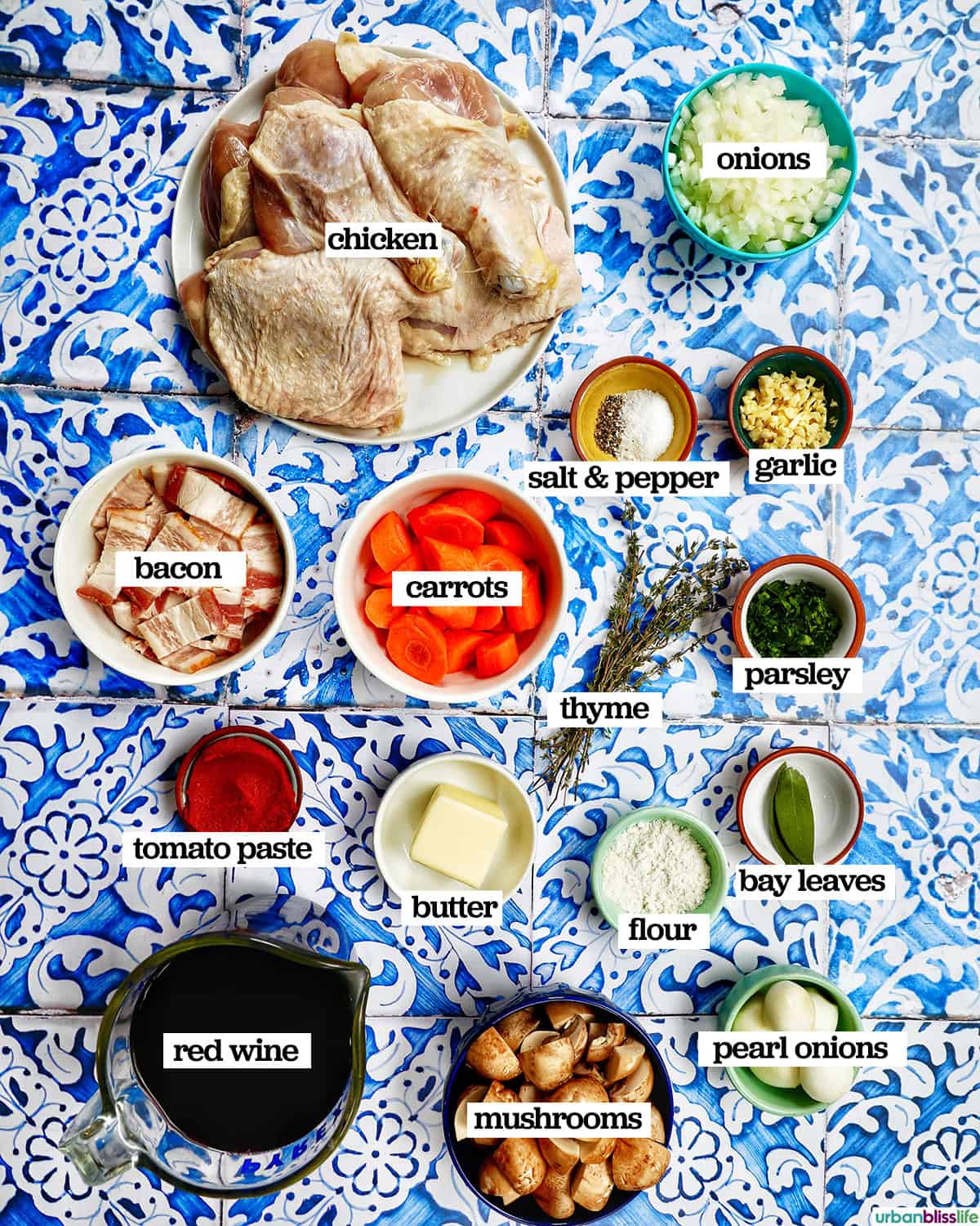 bowls of ingredients to make coq au vin.