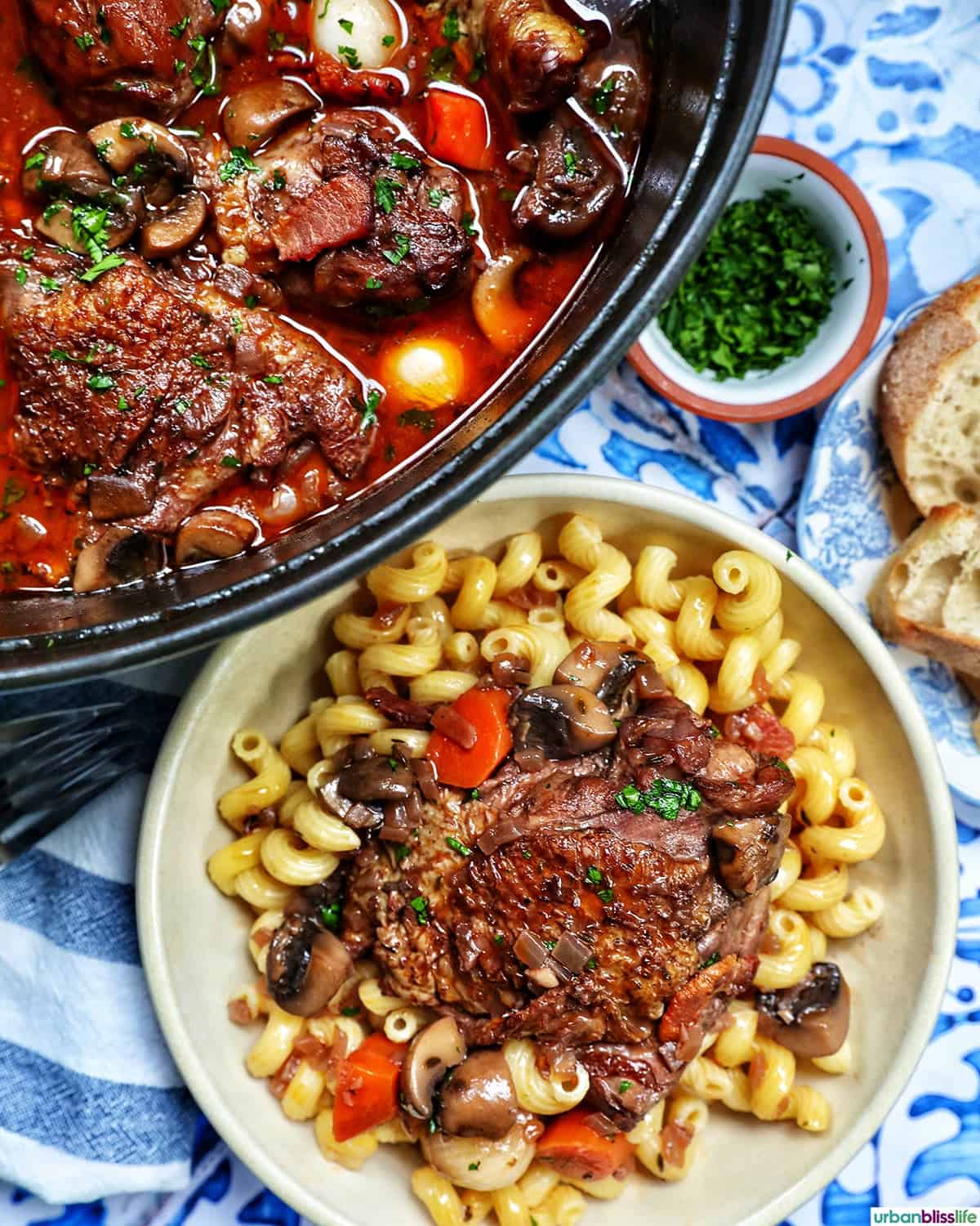 dutch oven with coq au vin next to a bowl of coq au vin over pasta.