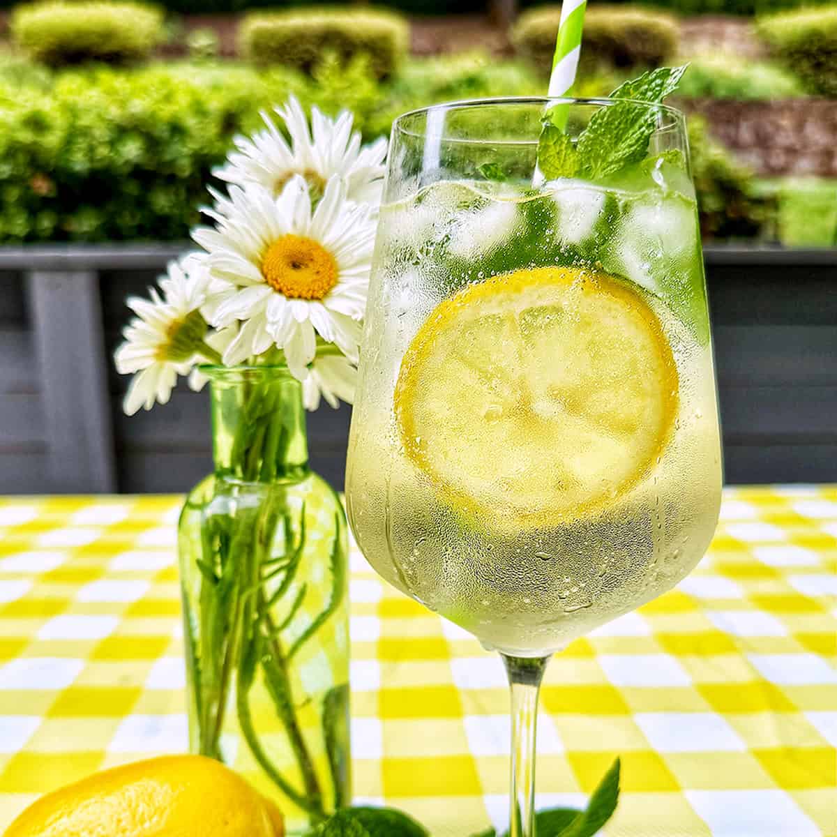 Hugo Spritz cocktail surrounded by mint leaves, limes, lemons, and vase of daisy flowers on yellow checkered tablecloth.