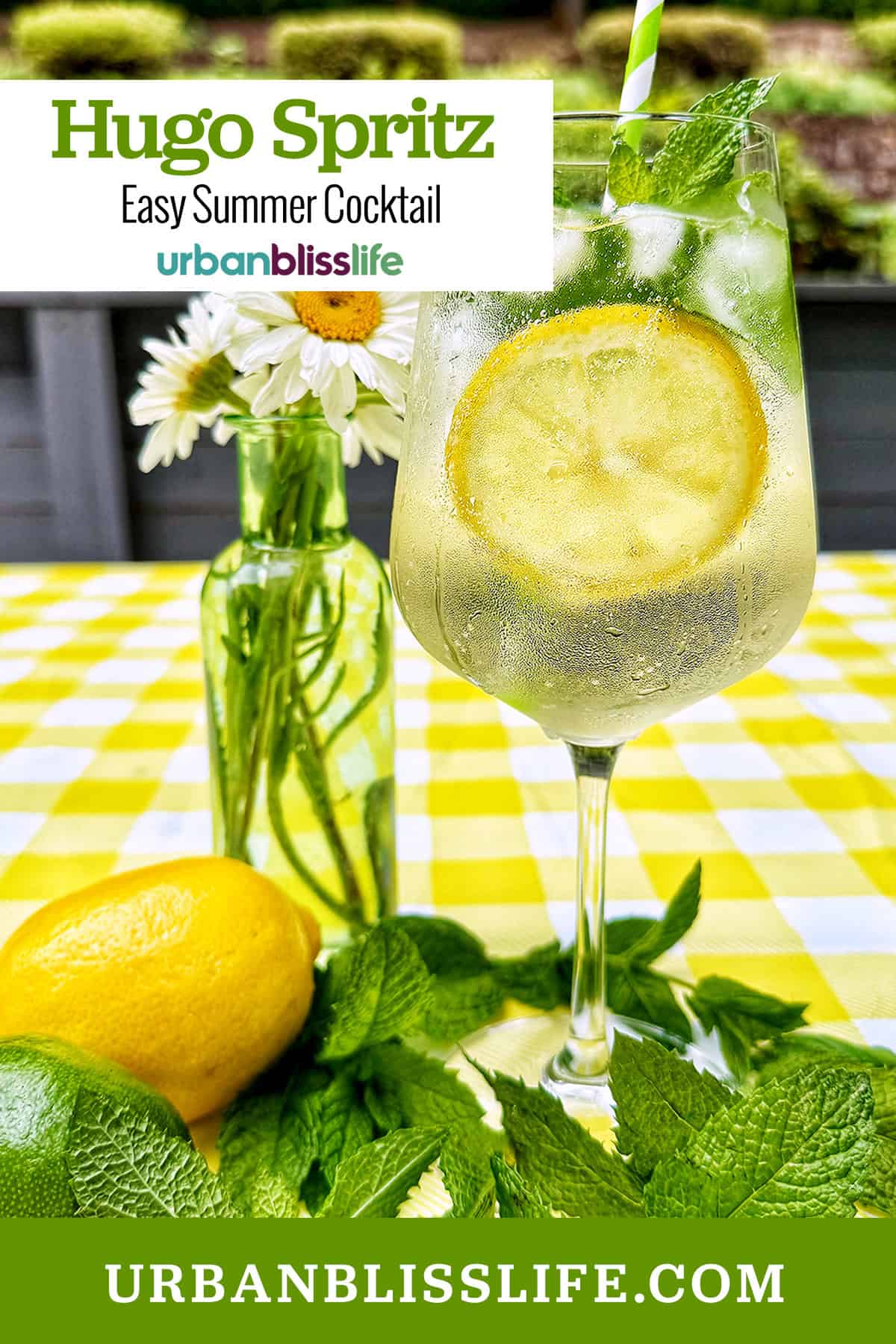Hugo Spritz cocktail surrounded by mint leaves, limes, lemons, and vase of daisy flowers on yellow checkered tablecloth.