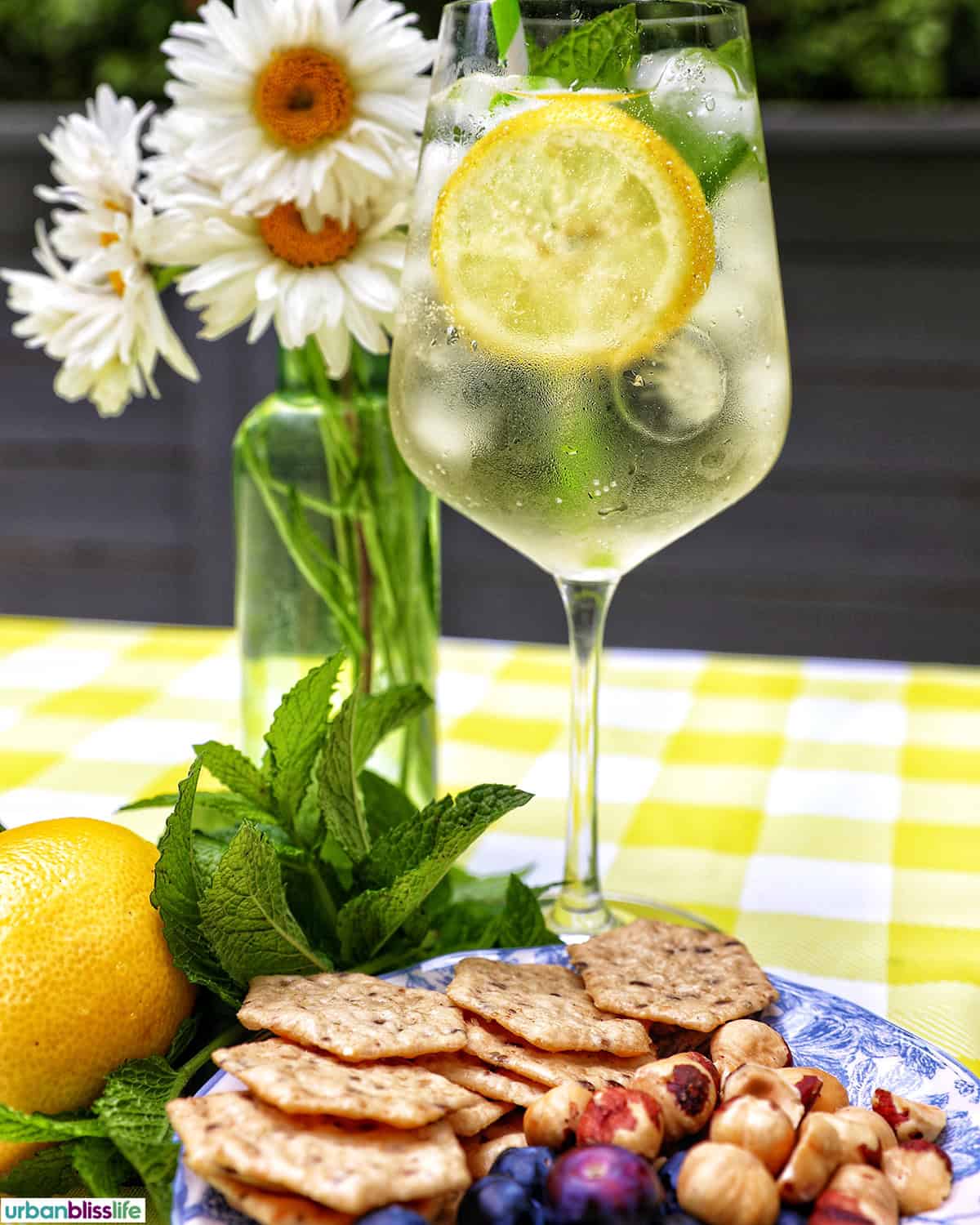 Hugo Spritz cocktail with plate of crackers and nuts.