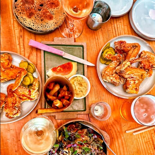 table full of Korean food at Jeju restaurant.