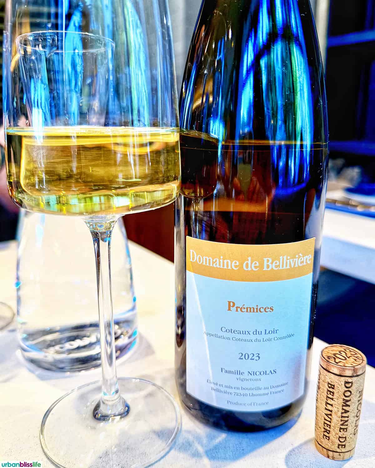 bottle and glass of chenin blanc white wine at Kann restaurant in Portland, Oregon.