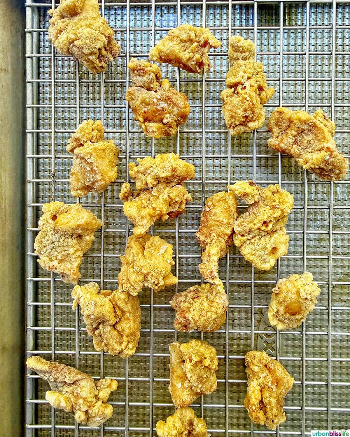 Taiwanese popcorn chicken on a cooling rack.