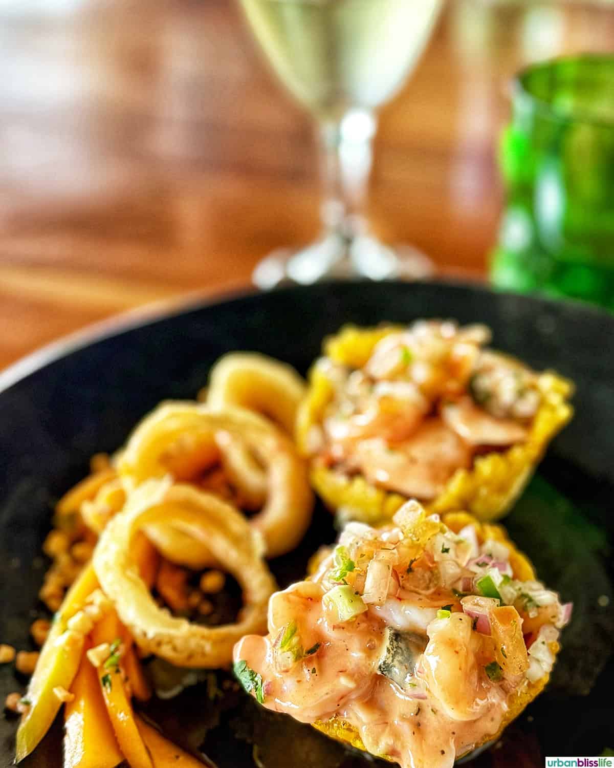 ceviche and calamari with a glass of white wine in Cartagena, Colombia.
